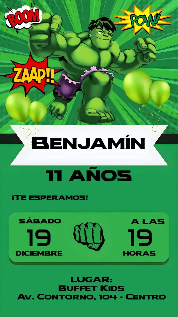 Invitación Hulk – tema Cumpleaños Infantil colores vibrantes, estilo pop art, elementos de cómics, diseño divertido, temática de superhéroes