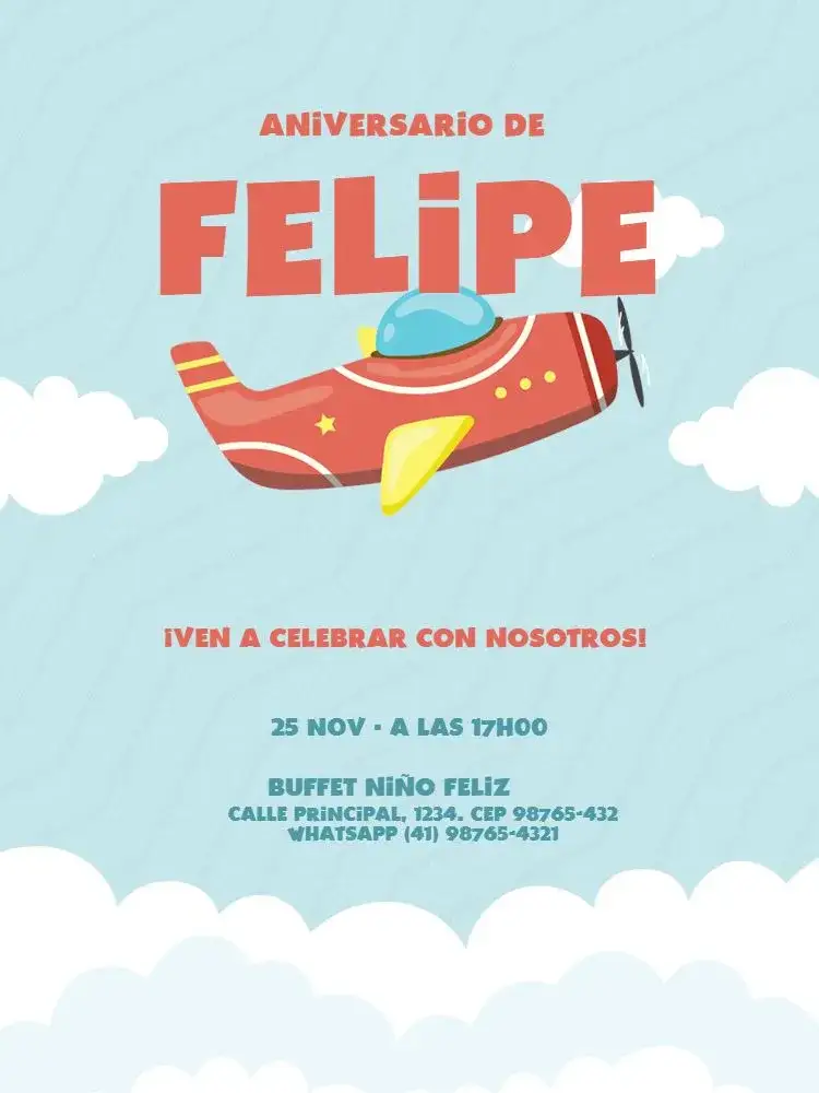 Invitación Infantil Masculino Avión Rojo Encuentro – tema Cumpleaños Infantil avión, nubes, rojo y azul, lúdico, infantil, moderno