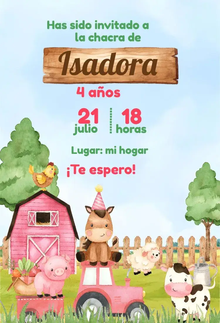 Invitación Granja Niña Colorida