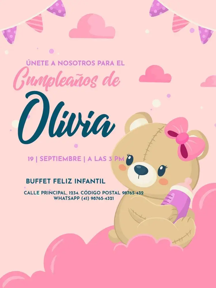 Invitación Infantil Femenino Osita Rosa Claro