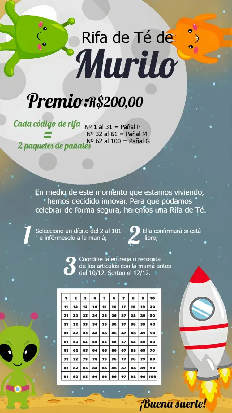 Invitación Té Rifa Astronauta Cartela – tema Té Rifa cósmico, divertido, colorido, lúdico, moderno