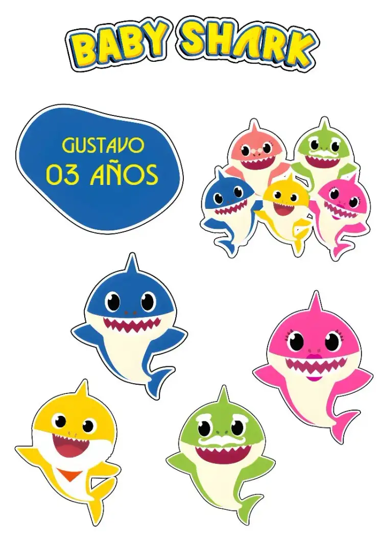 Invitación Topper de Pastel Baby Shark Familia – tema Topper de torta colorido, divertido, temático, marinho, infantil