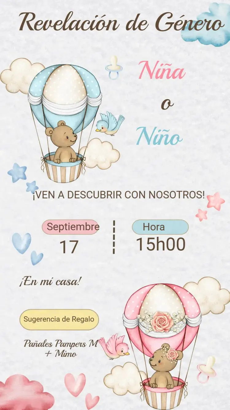 Invitación Digital Revelación de Género Osito Azul y Rosa