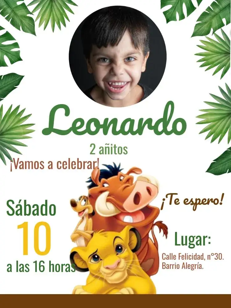 Invitación Rey León Con Foto Timón – tema Más buscados selva, colorido, divertido, infantil, Disney, animales