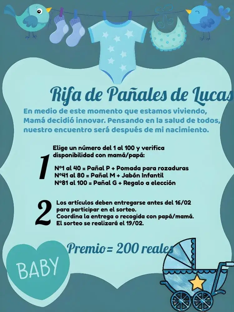 Invitación Té Rifa Tendedero De Ropa Pañal – tema Té Rifa azul, blanco, negro, infantil, delicado, lúdico