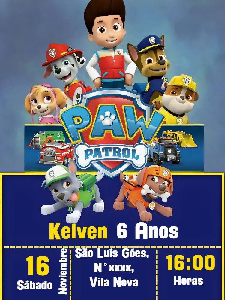 Invitación Patrulla Canina ... – tema Cumpleaños Infantil colorido, divertido, infantil, temático, moderno, aquarela