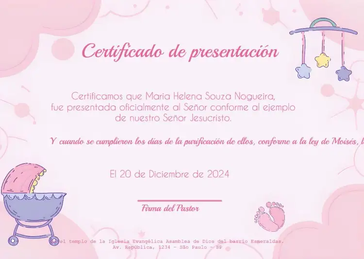 Invitación Certificado Presentación Iglesia Asamblea – tema Bautismo floral, minimalista, dorado, moderno, suave, pastel