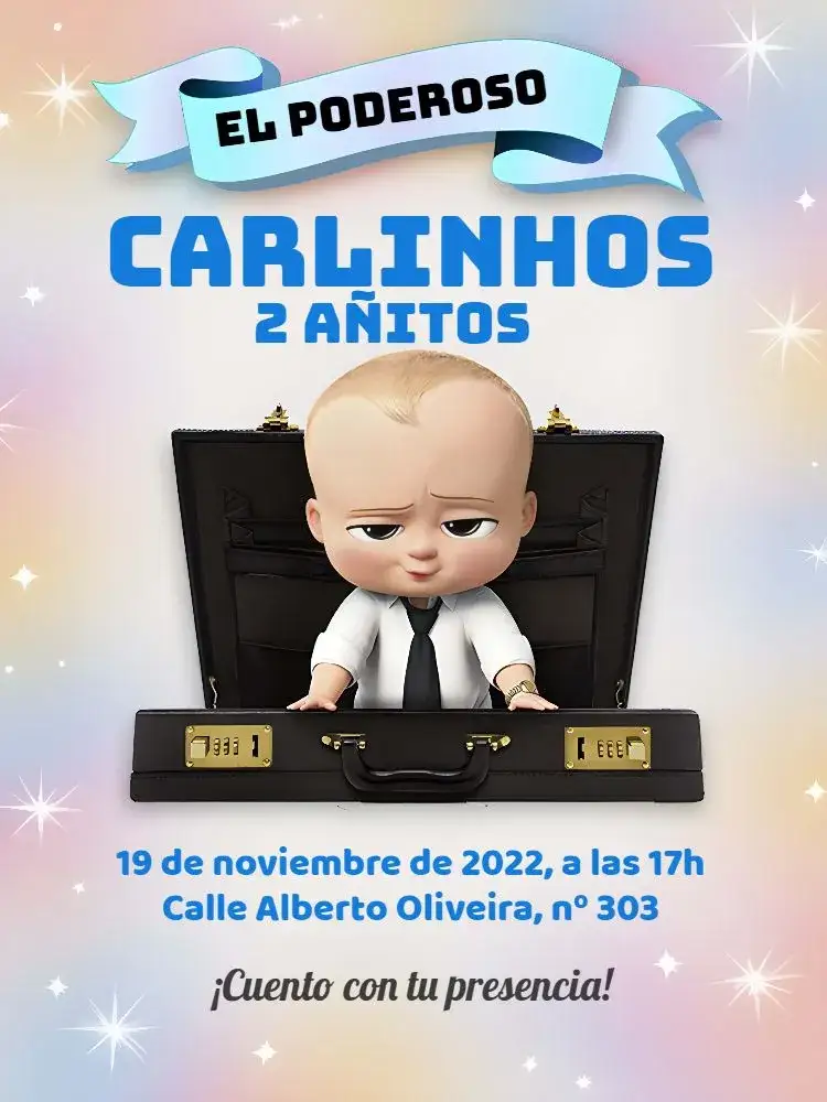 Invitación El Poderoso Jefe – tema Más buscados azul, divertido, animado, infantil, moderno