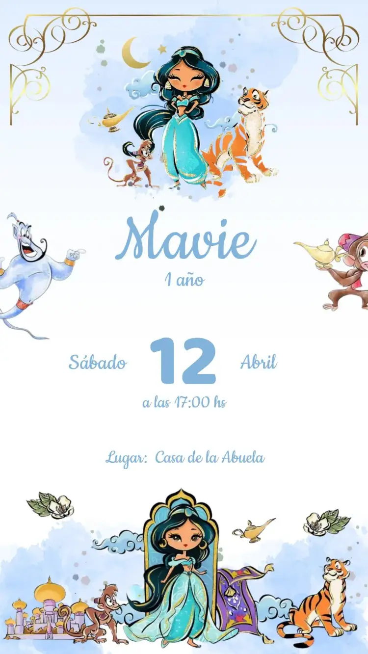 Invitación Invitación Cumpleaños Princesa Jasmine – tema Cumpleaños Infantil colores vibrantes, estilo oriental, elementos mágicos, detalles florales, inspirado en cuentos de hadas