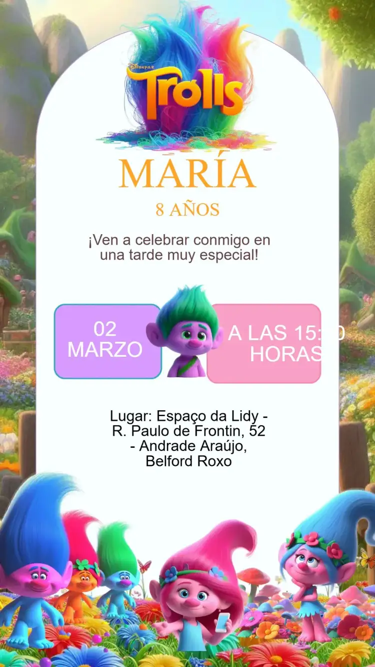 Invitación Invitación Cumpleaños Trolls – tema Cumpleaños Infantil colorido, divertido, fantástico, ilustrativo, jovial, lúdico