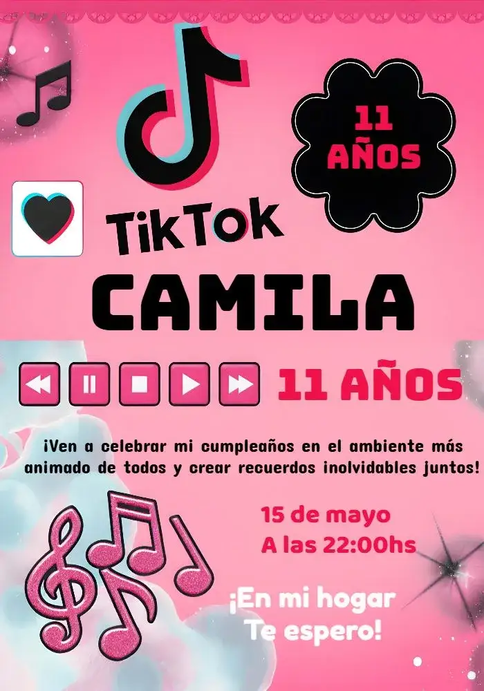 Invitación Tiktok Canva – tema Bautismo moderno, vibrante, divertido, rosa y negro, joven, estilizado
