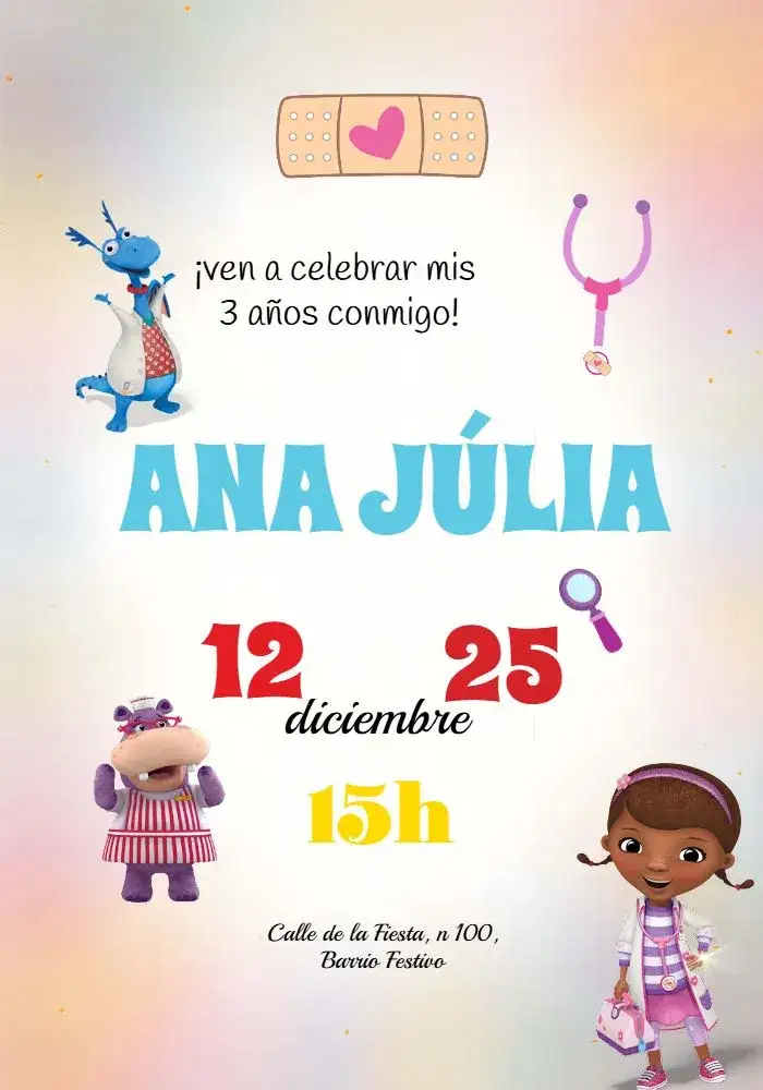 Invitación Infantil - Doctora Juguetes – tema Cumpleaños Infantil colorido, divertido, juguetes, infantil, temático