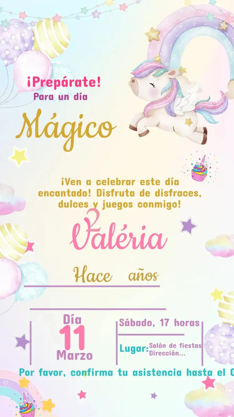 Invitación Invitación Cumpleaños Unicornio – tema Cumpleaños Infantil colorido, fantasía, mágico, lúdico, pastel, divertido