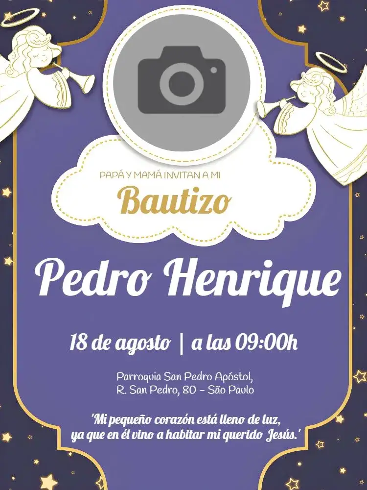 Invitación Bautizo Con Foto Morado – tema Bautismo púrpura, lila, ángeles, religioso, delicado, moderno