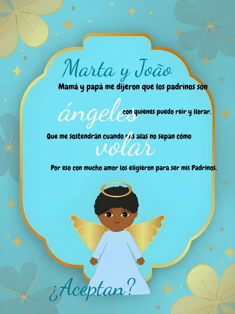 Invitación Para Padrinos Angelito Negro Bautizo – tema Bautismo azul, blanco, dorado, negro, moderno, infantil
