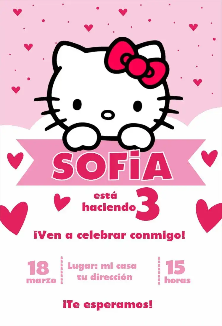 Invitación Hello Kitty 3 – tema Cumpleaños Infantil colores vibrantes, estilo lúdico, elementos gráficos de Hello Kitty, diseño divertido, temática infantil, ilustraciones adorables