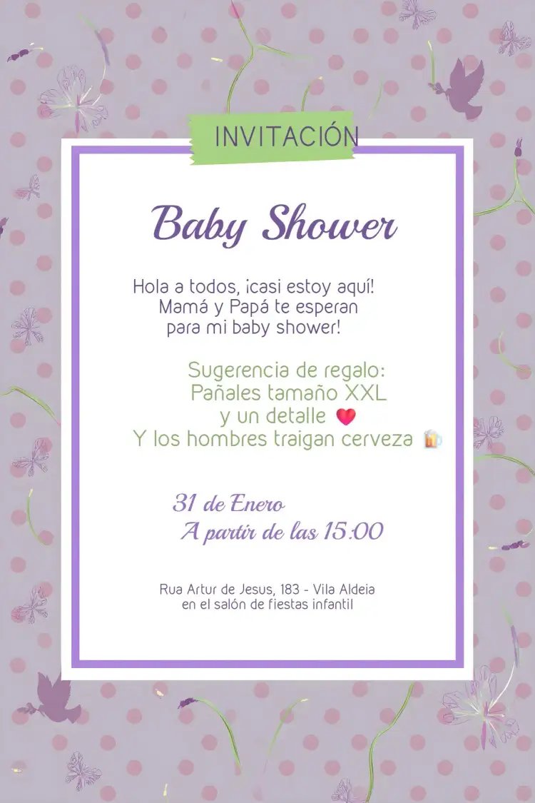 Invitación Para Baby Shower Lavanda Lilás – tema Baby Shower floral, moderno, delicado, lilás, lavanda, suave
