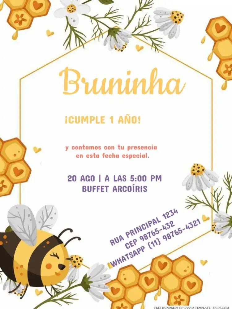 Invitación Abejita De 1 Año Para Editar Bandera