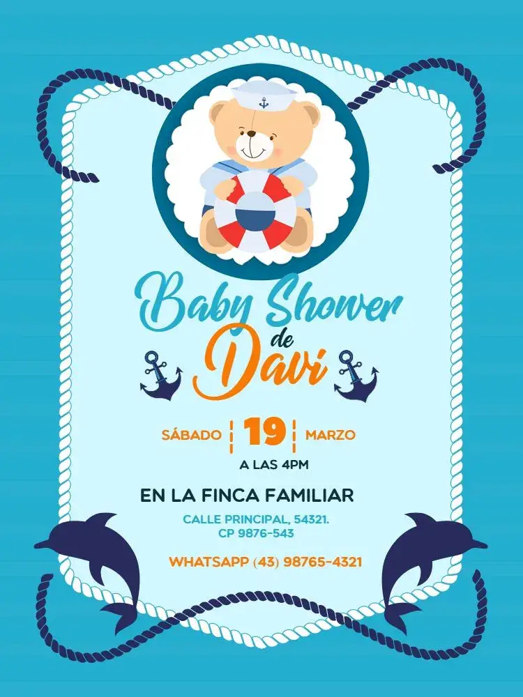 Invitación Oso Marinero Baby Shower Azul Lúdico