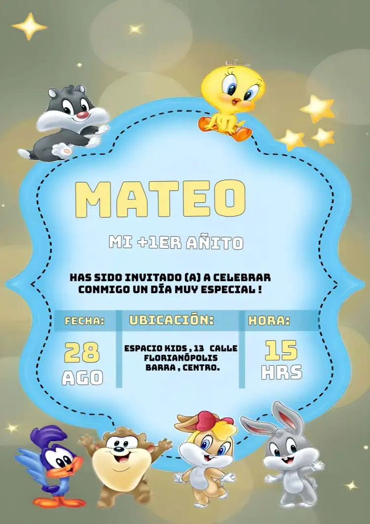 Invitación Baby Looney Tunes Bday – tema Más buscados azul, divertido, infantil, personajes animados, colorido, temático