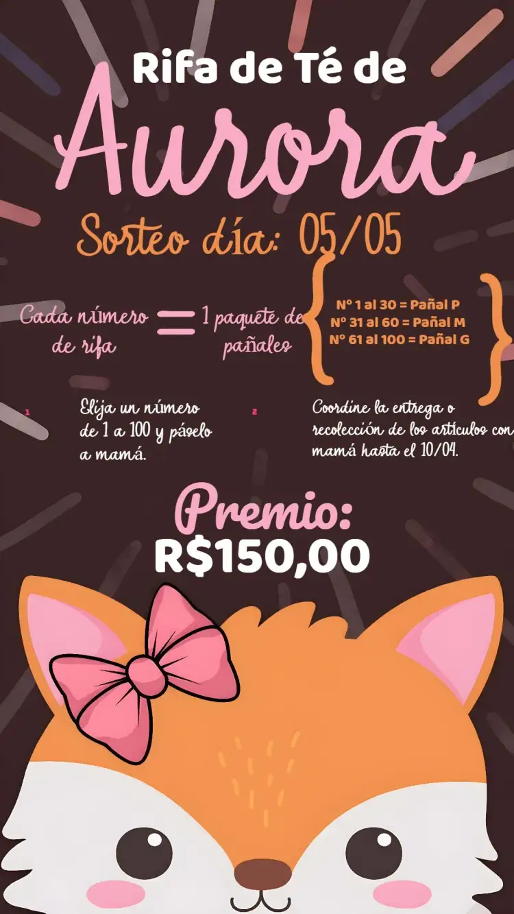Invitación Té Rifa Zorrita Rosa.negro.naranja – tema Té Rifa lindo, colorido, animales, safari, infantil, moderno