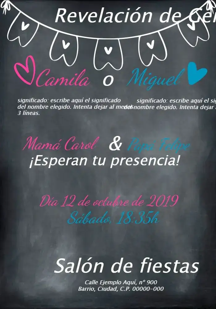 Invitación Chá Revelación Niño o Niña en Negro – tema Revelación Bebé pizarra, moderno, negro, rosa, azul, divertido