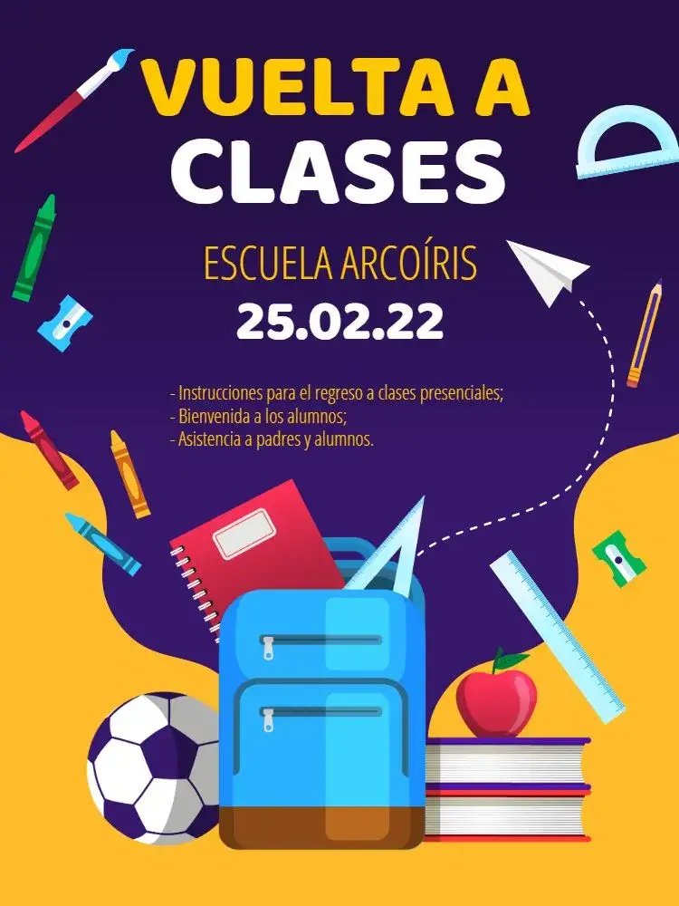 Invitación Regreso a Clases Morado – tema Cumpleaños Infantil lúdico, escolar, vibrante, moderno, colorido