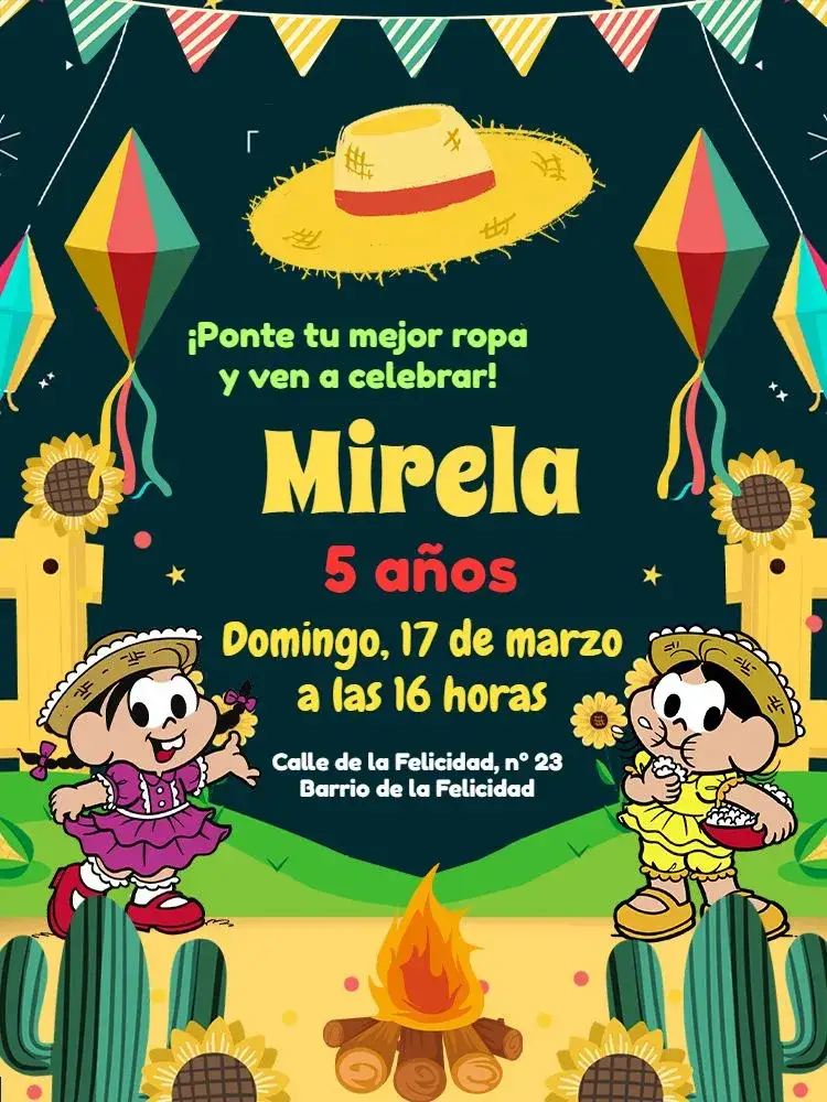 Invitación Turma Da Mônica Fiesta de San Juan Colorida – tema Fechas Conmemorativas colorido, divertido, junino, infantil, ilustraciones, festivo