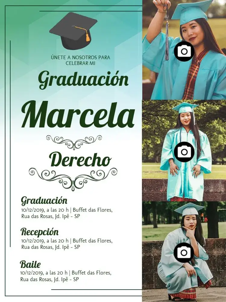 Invitación Graduación En Derecho Con Fotos Verdes – tema Graduación verde, moderno, elegante, personalizable, fotográfico
