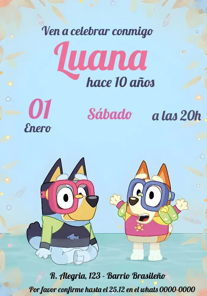 Invitación Bluey Piscina Iris – tema Más buscados colorido, divertido, aqua, moderno, ilustraciones animadas, temática de piscina