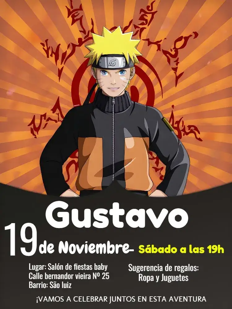 Invitación Naruto Negro – tema Cumpleaños Infantil anime, moderno, colorido, divertido, temático