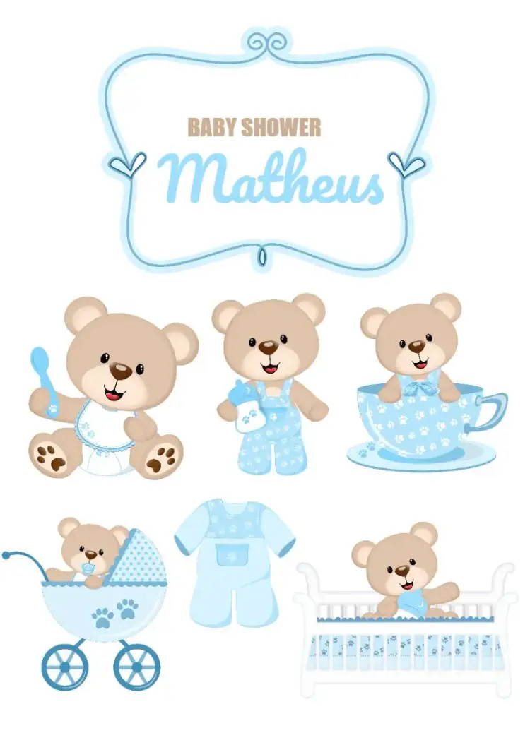 Invitación Topo De Bolo Chá Fraldas Osito Azul – tema Baby Shower oso, azul, infantil, colorido, lúdico, delicado