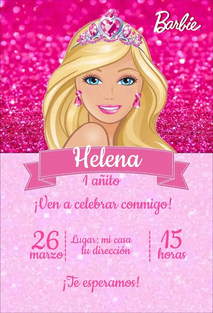 Invitación Barbie 1 – tema Cumpleaños rosa, glitter, infantil, brillante, temática, divertido