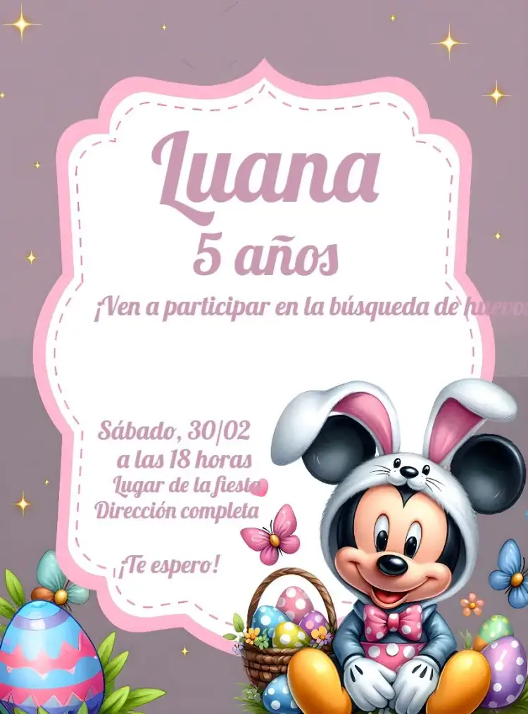 Invitación Pascua Mickey Disney – tema Fechas Conmemorativas colorido, divertido, temática Disney, rosa, festivo, infantil