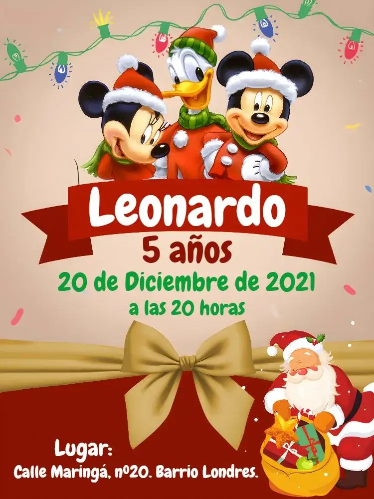 Invitación Navidad De Mickey Mouse Blanco – tema Fechas Conmemorativas blanco, rojo, verde, navideño, divertido, infantil
