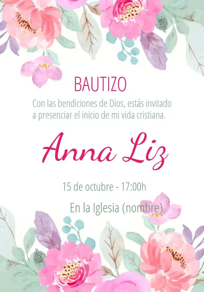 Invitación Bautizo Floral Bautismo – tema Bautismo floral, delicado, rosa, infantil, suave