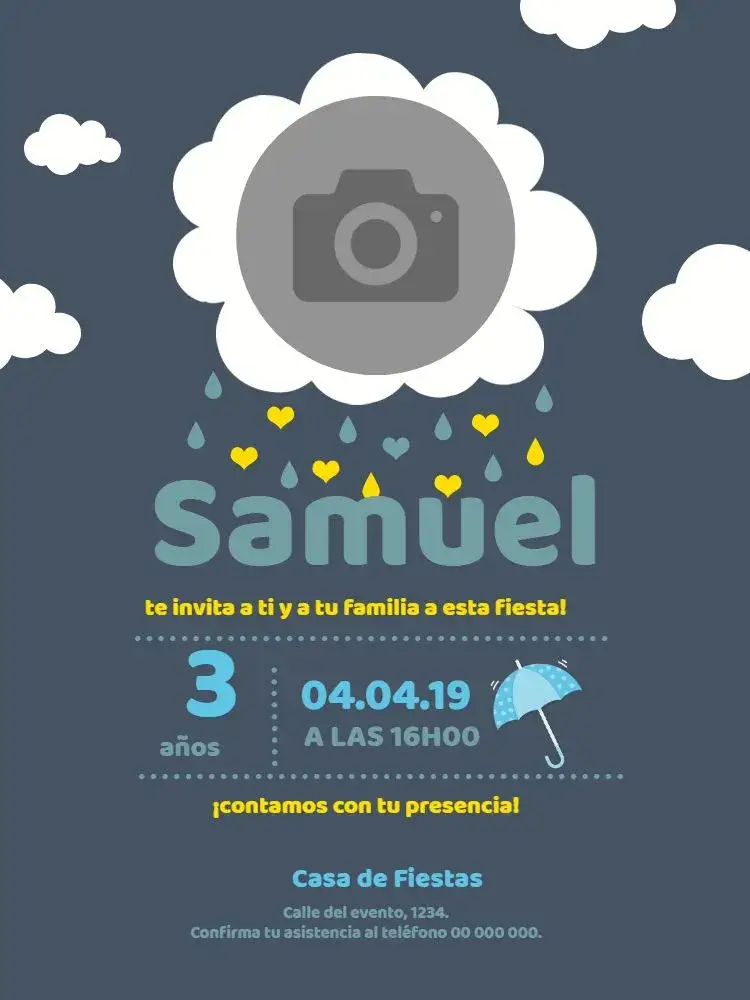 Invitación Lluvia De Amor Niño 2 Carita – tema Cumpleaños Infantil nubes, colores suaves, elementos gráficos infantiles, estilo lúdico, personalización con foto, diseño alegre