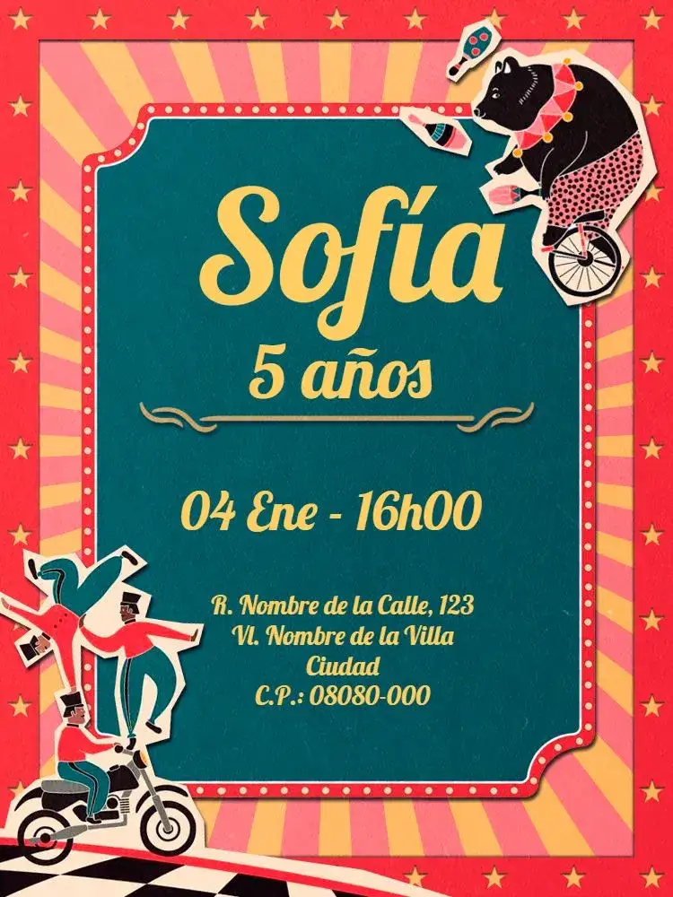 Invitación Virtual Infantil - Circo Parque – tema Cumpleaños Infantil rosa y azul, delicado, circo, oso, parque, divertido