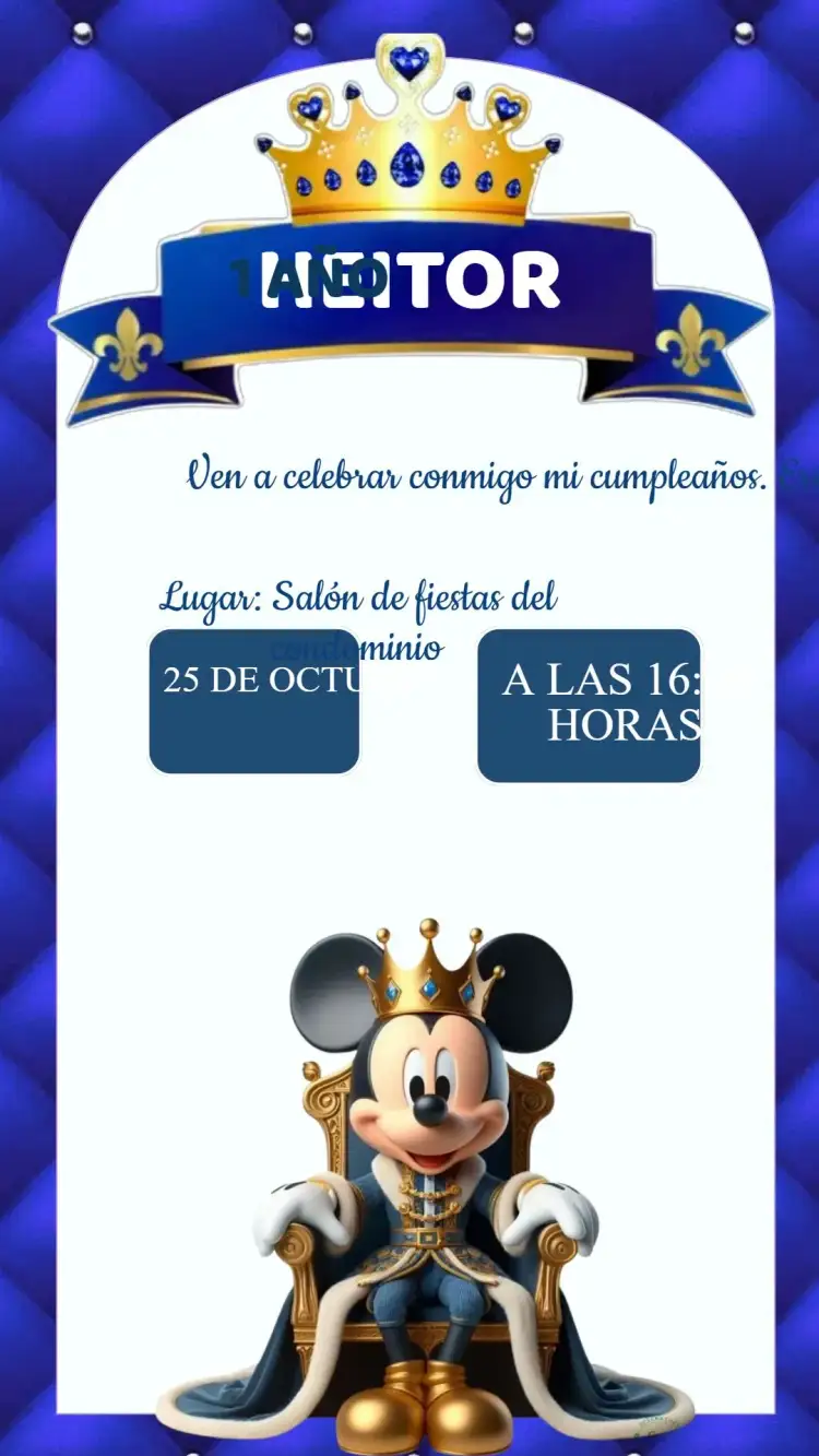 Invitación Invitación Cumpleaños Mickey Realeza – tema Cumpleaños Infantil colorido, lúdico, Disney, realeza, mágico, divertido