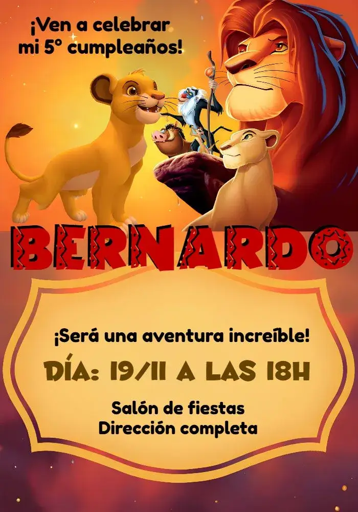 Invitación Rey León Amarillo editable y personalizable