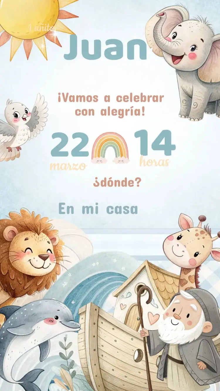 Invitación Invitación Cumpleaños Arca de Noé – tema Cumpleaños Infantil colorido, lúdico, animales, vibrante, temático