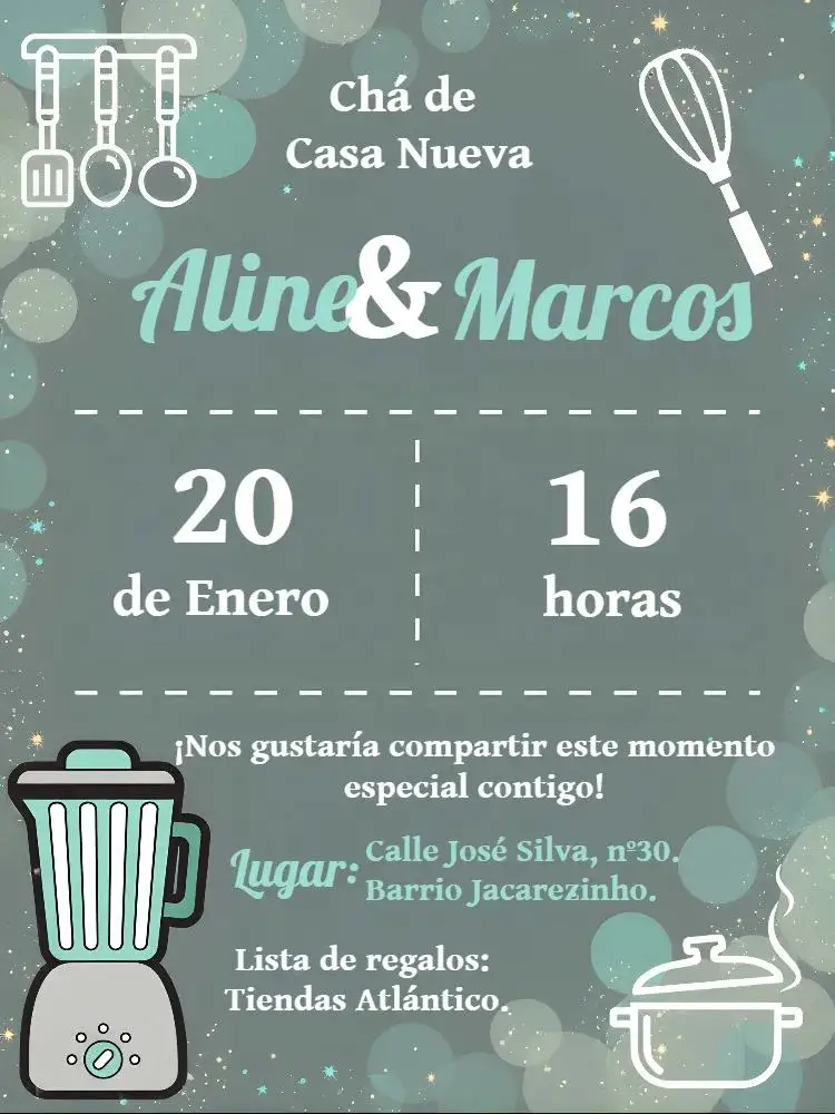 Invitación Chá De Casa Nueva Concha – tema Despedida de Soltera pizarra, moderno, azul y gris, cocina, comodidad, divertido