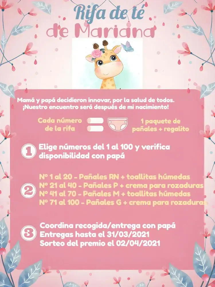 Invitación Té Rifa Jirafita Rojo – tema Té Rifa colorido, safari, animales, moderno, infantil