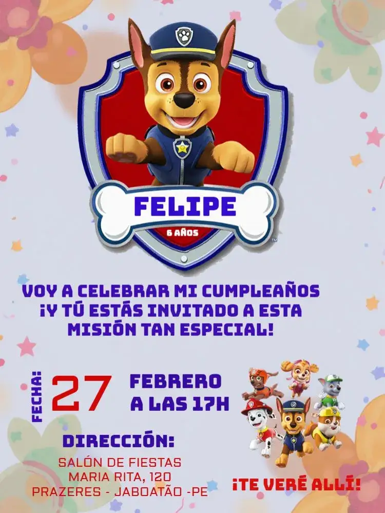 Invitación Patrulla Canina Azul – tema Cumpleaños Infantil azul, lúdico, divertido, colorido, infantil