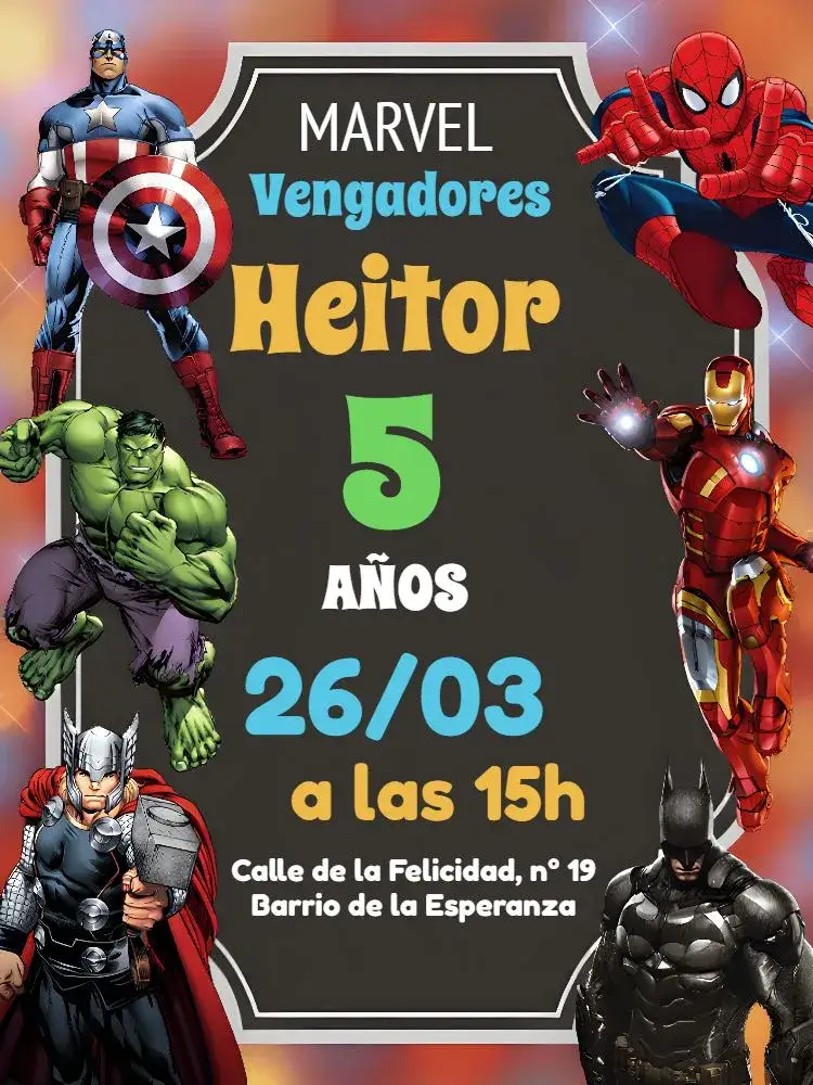 Invitación Super Héroes Batman – tema Más buscados colorido, moderno, superhéroes, vibrante, infantil