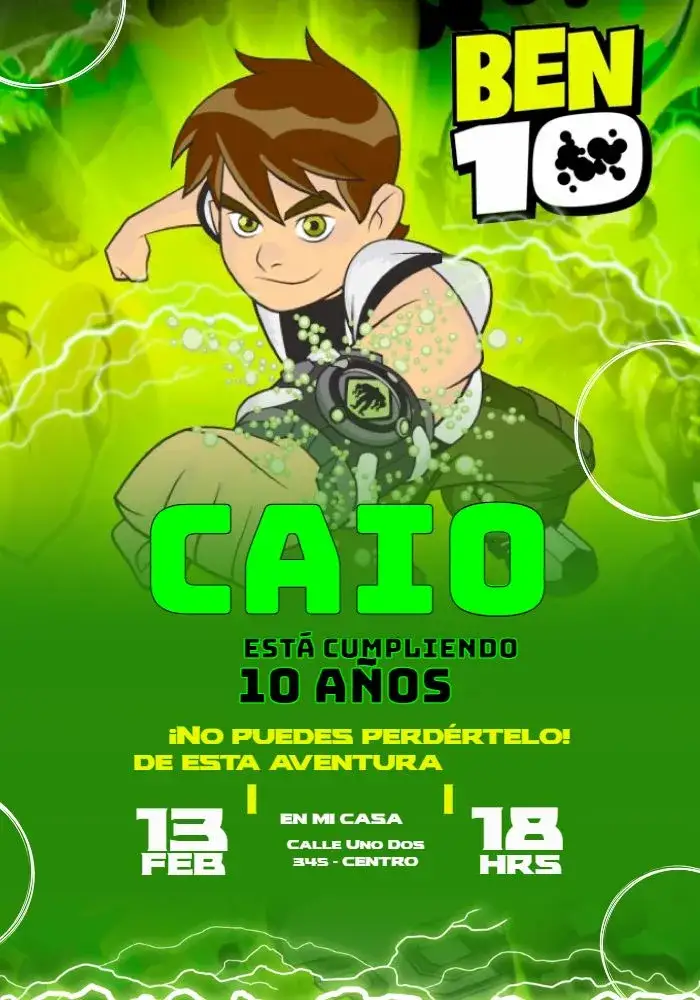 Invitación Ben10 Verde – tema Cumpleaños Infantil verde, divertido, temático, moderno, colorido