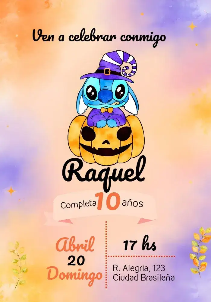 Invitación Halloween Stitch Naranja – tema Fechas Conmemorativas naranja vibrante, temática de Halloween, personaje Stitch, divertido y colorido, fiesta temática, estilo moderno