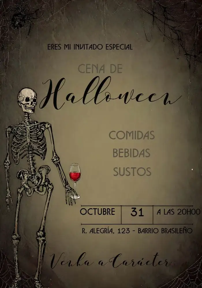 Invitación Para Cena Halloween Cráneo Vintage Das – tema Fechas Conmemorativas vintage, sombrio, elegante, místico, escuro, temático