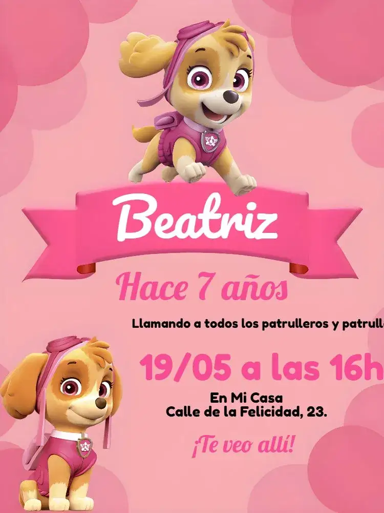 Invitación Skye Patrulla Canina Patrullera – tema Cumpleaños Infantil rosa, lúdico, divertido, infantil, moderno, aventura