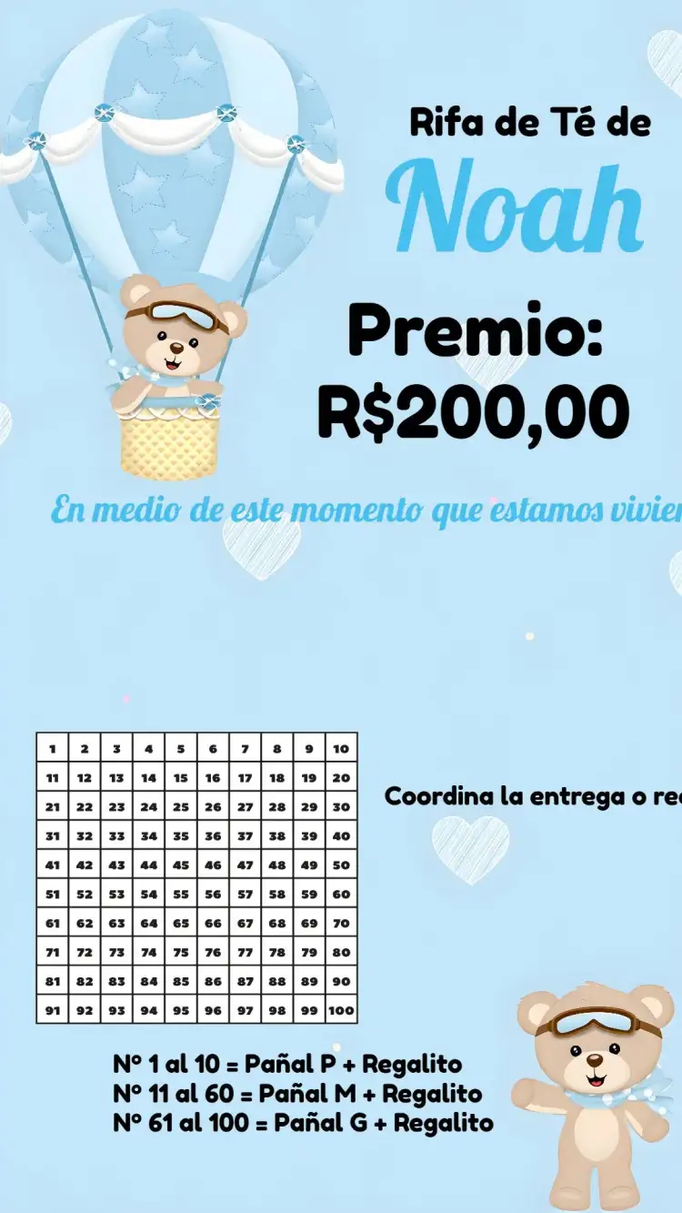 Invitación Té Rifa Osito Globos Aerostáticos – tema Té Rifa azul, blanco, lúdico, infantil, tierno, celebración